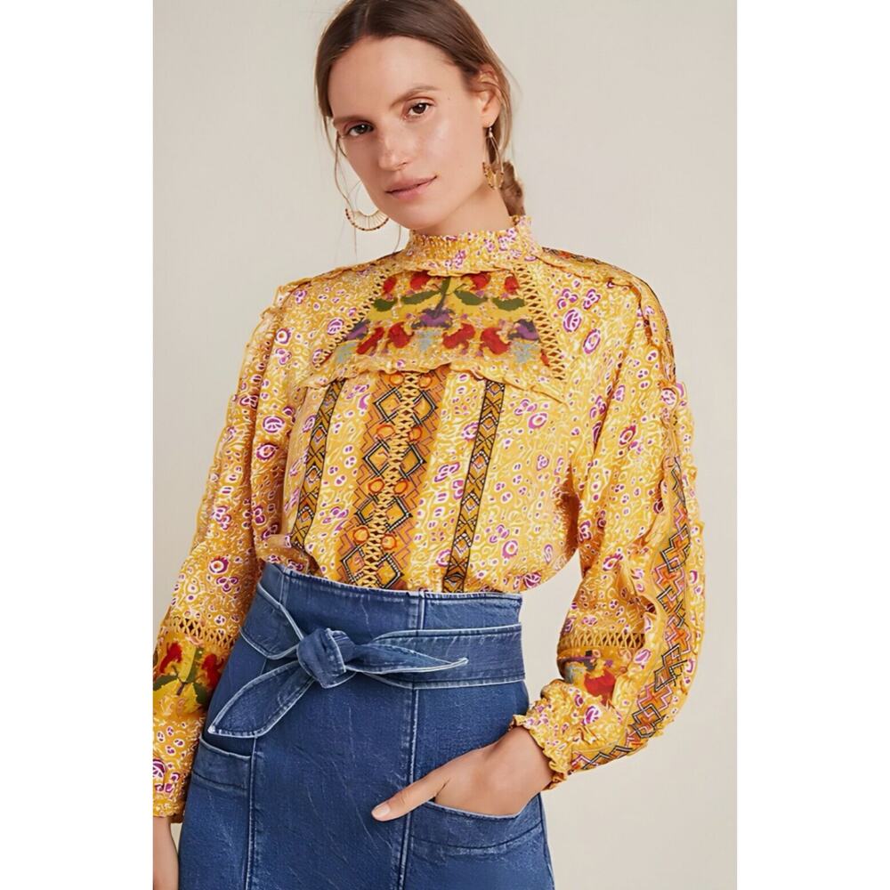 Maeve Anthropologie Goldie Embroidered Blouse Gold Yellow Floral Ruffled Sz 4
